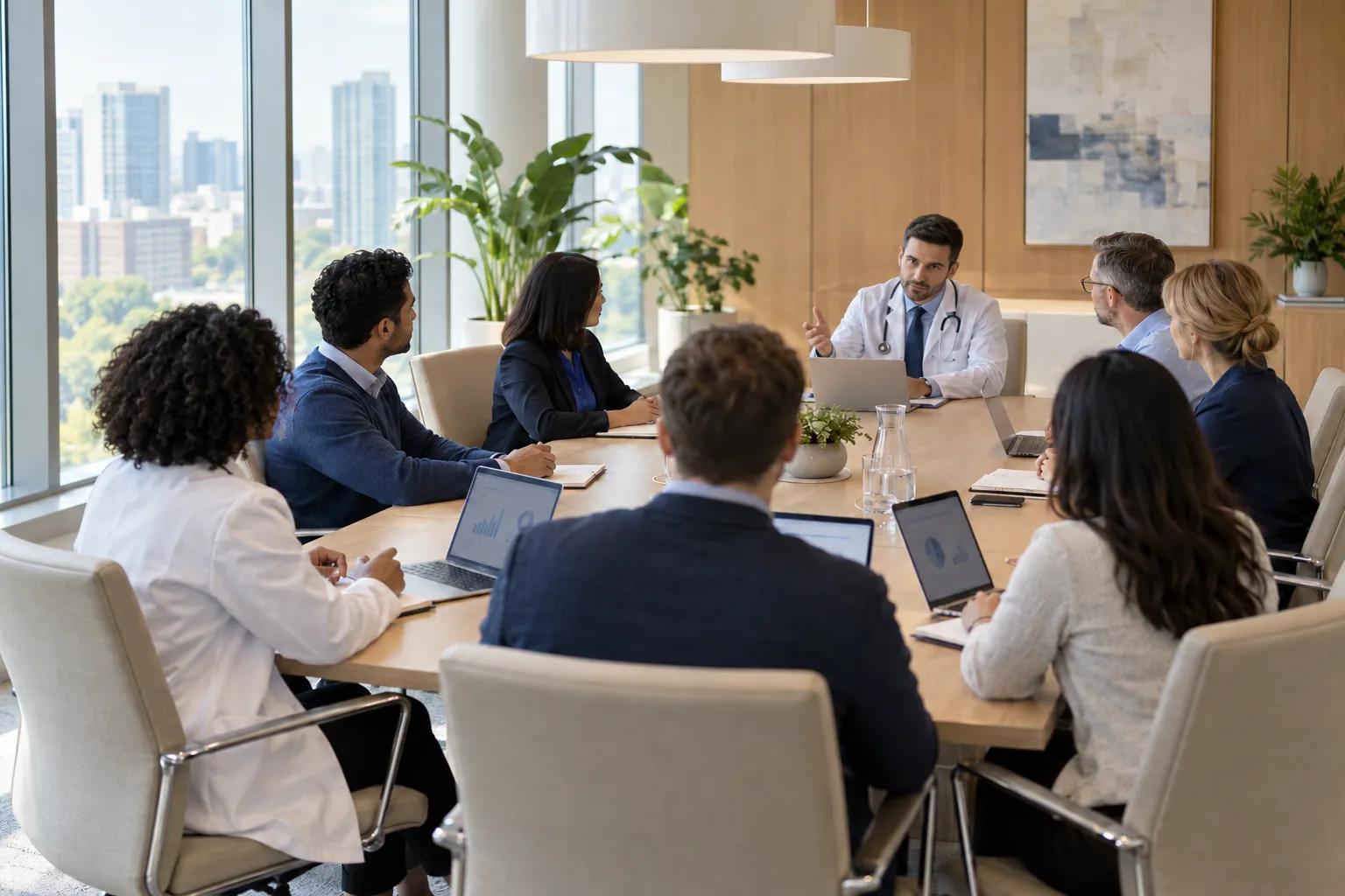 An Avandé physician in a white coat leading a case discussion with clinicians and engineers around a conference table.