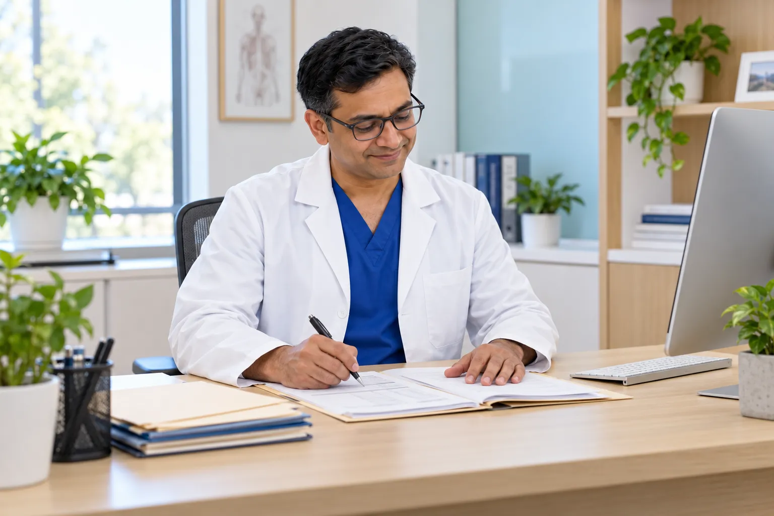 A physician in a white coat at his office desk annotating a patient chart.
