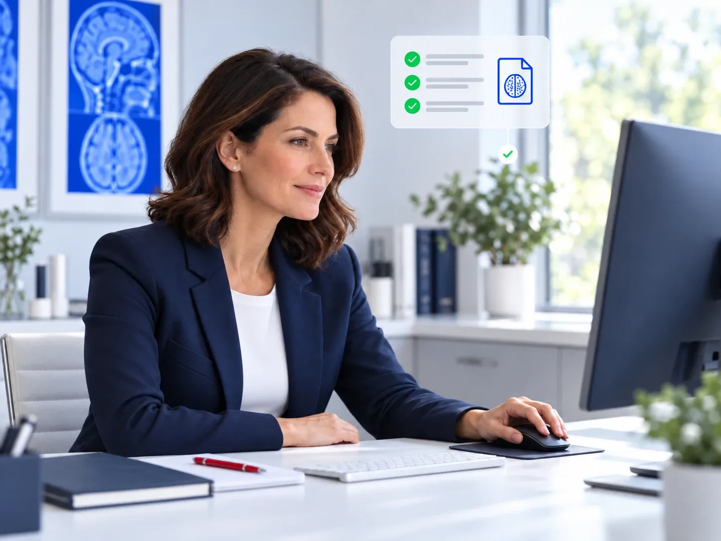 An Avandé physician reviewing a case at a desk, with a completed review checklist beside the screen